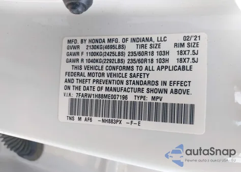 2021 Honda Cr-V 2Wd Ex-L из США, поврежденный, VIN 7FARW1H88ME007196